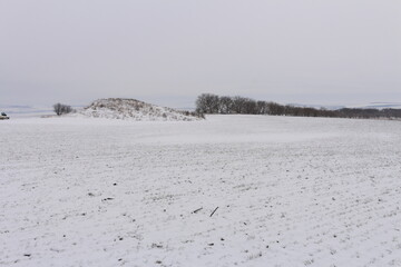 A snowy field with a hill in the distance