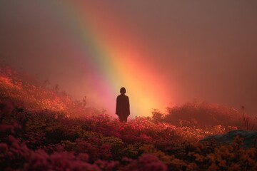 Fototapeta premium A person stands alone in a field filled with colorful flowers. A rainbow appears in the foggy sky during early morning hours Generative AI
