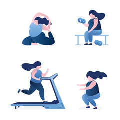 Plump, body-positive woman practices fitness and yoga. A set of cute female characters with dumbbells, on treadmill, in yoga pose. Weight loss, health, physical strength.