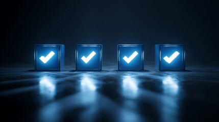 Four glowing blue cubes with illuminated check marks, arranged in a row with a smoky dark background