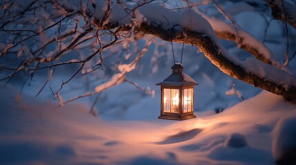 A snowy scene lit by a hanging lantern, creating a warm glow in a winter wonderland