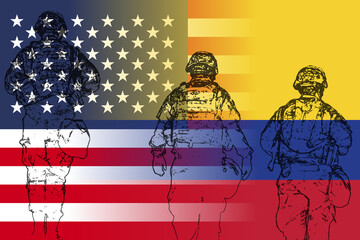 Silhouettes of soldiers standing before the flags of the USA and Colombia. Conceptual graphic for military alliance, regional security, defense cooperation, and geopolitical stability