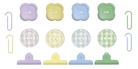 Set of various pastel buttons, paper clips, and binder clips isolated over a transparent background, office desk stationery, purple, yellow, blue, and green