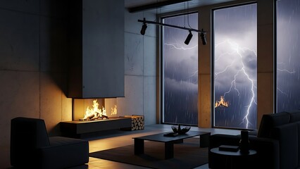 Cozy Living Room with Fireplace During a Thunderstorm.