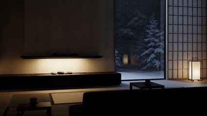 Cozy living room with warm lighting and a view of a snowy winter landscape at night.