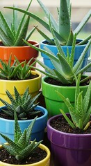 Aloe Vera Plants in Colorful Pots - A Vibrant Indoor Garden.