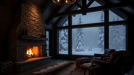 Cozy Winter Cabin Interior with Fireplace and Snowy Forest View.