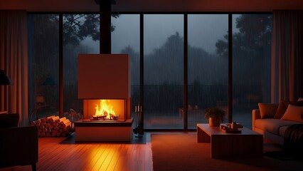 Cozy Modern Living Room with Fireplace and Large Windows Overlooking a Misty Forest at Dusk.