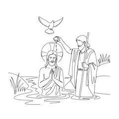 Line art depicts sacred baptism of Jesus in river, with John Baptist pouring water. Holy Spirit dove descends during this solemn baptism of Jesus, a pivotal event. Ideal for religious education,