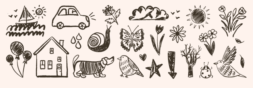 Hand-drawn doodle collection. Sketchy charcoal Illustration. Kids nature elements. Vector design
