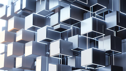 Modern metallic cubes with glowing edges in futuristic arrangement