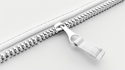 A close-up view of a metal zipper in shades of white against a white background