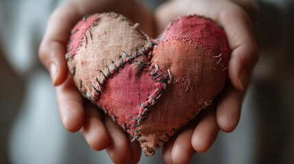 man holds a fabric heart with a visible seam, an attempt to mend and repair a broken heart, clear symbol of personal loss