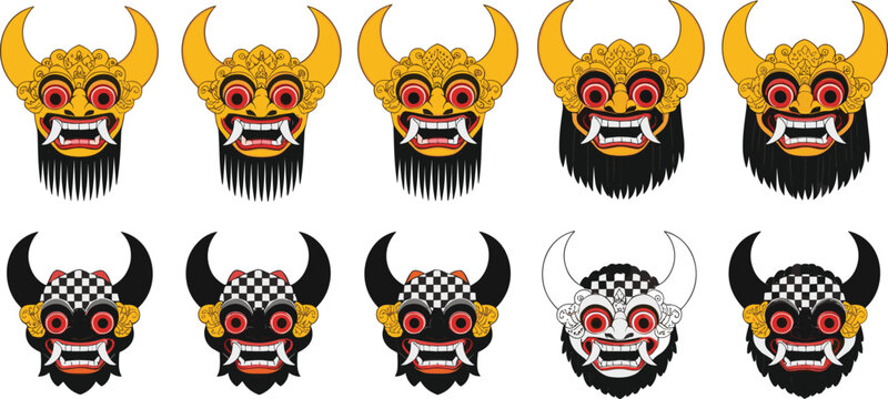 Complete Balinese Barong mask icon set featuring traditional Indonesian mythological character designs with gold horns colorful details and fierce expressions