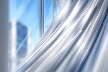 Abstract flowing silver and blue waves with glossy texture and light reflections creating a modern background design