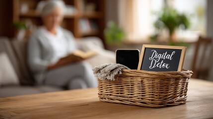 Phone left in basket while person relaxes offline in background representing mindful decision to disconnect, support mental health, reduce overload and restore emotional balance in daily life