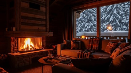 Cozy Winter Evening by the Fireplace with Snow-Covered Trees Outside the Window.