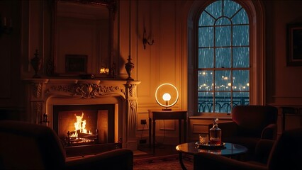 Cozy Evening by the Fireplace with Warm Lighting and a Drink.