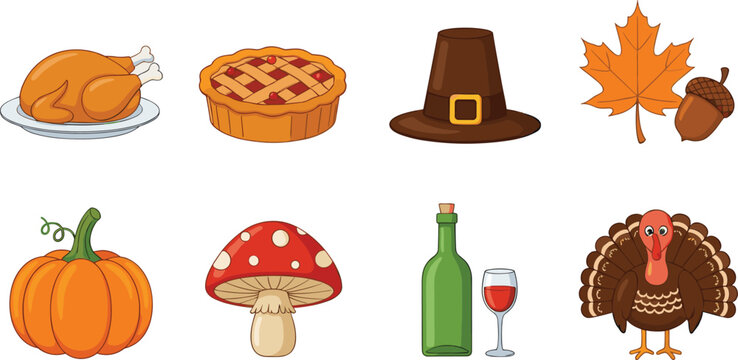 Complete Thanksgiving celebration icon set featuring roasted turkey pumpkin pie pilgrim hat autumn maple leaf mushroom wine and festive turkey character