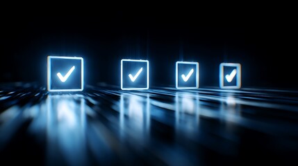 Four glowing blue checkmarks in boxes with a dark background and a blurred, futuristic effect