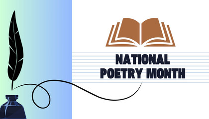 National Poetry Month in April. Poster with black lettering and an open book. Poetry festival in Canada and the United States. Literary events and poetry readings. Greeting card, banner, or backdrop.