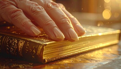 Elegant Hand Resting on Ornate Golden Book With Warm Sunlight and Sparkling Bokeh Effect