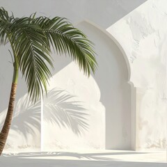 Palm Tree Shadow Casts On White Textured Wall With Archway And Sunlight Creating Dramatic Contrast In An Outdoor Setting