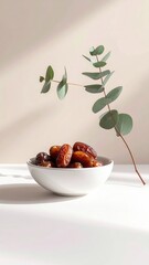 A Bowl of Ripe Dates Next to a Eucalyptus Branch with Soft Sunlight and Shadow Play on a Neutral Background