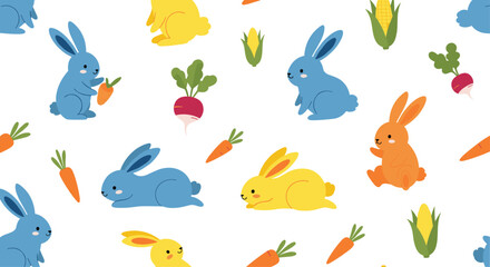 Naklejka premium Seamless pattern of cute colorful bunnies and various garden vegetables like carrots and corn on a white background.