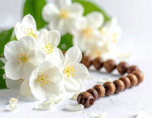 Close up of white jasmine flowers with wooden prayer beads on a white textured surface with soft natural lighting