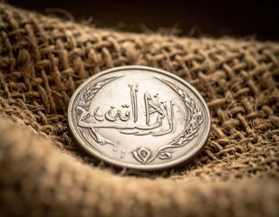 Antique Silver Coin With Arabic Inscriptions Resting On Burlap Fabric With Soft Lighting