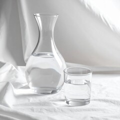 Clear Water In A Glass Carafe And A Tumbler Against A White Fabric Background With Soft Studio Lighting