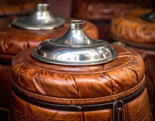 Textured Brown Leather Ottoman Pouf With Ornate Metal Lid Close Up Detailed Shot With Soft Natural Lighting