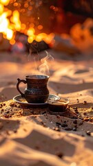 Steaming Cup of Dark Turkish Coffee Sits on Sand Near Crackling Fire Pit with Warm Golden Light