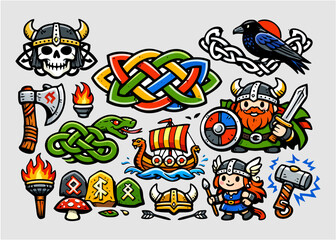 Fototapeta premium Viking Illustration Pack with Mythical Symbols and Characters