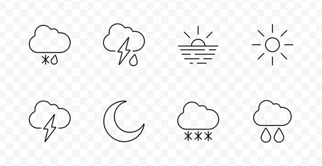 Weather condition set icon. Icons depict mixed precipitation, lightning rain, sunrise, sun, moon, thunderstorm, snowfall, and rain clouds in simplified meteorological theme.
