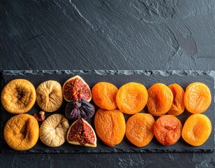 Assortment of Dried Fruits Including Whole Figs and Apricots Arranged on a Dark Slate Surface with Natural Lighting