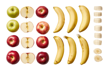 Arrangement of Apples and Bananas on White Background
