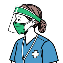 A cartoon illustration of a female nurse with brown hair in a ponytail, wearing a blue scrub top with a red cross emblem, a green surgical mask, and a clear plastic face shield with a green headband. 