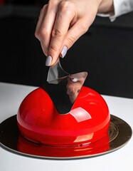 Glossy Red Entremet Cake Decorated With Chocolate Curl By Woman Hand In A Culinary Studio Lighting Setup