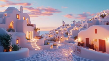 Fototapeta premium Picturesque white architecture and windmills of a greek island village at dreamy sunset creating a serene travel