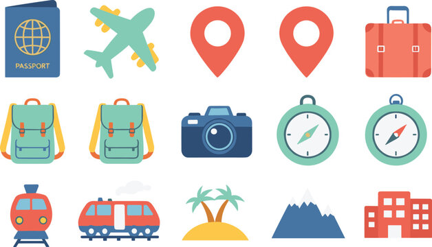 Complete travel and tourism icon set featuring passport airplane suitcases backpacks camera compass trains tropical island and mountain landscapes in flat style