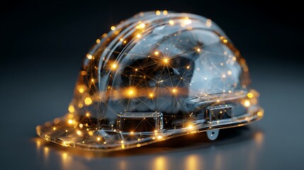 Digitally enhanced construction helmet, glowing network design over protective headgear