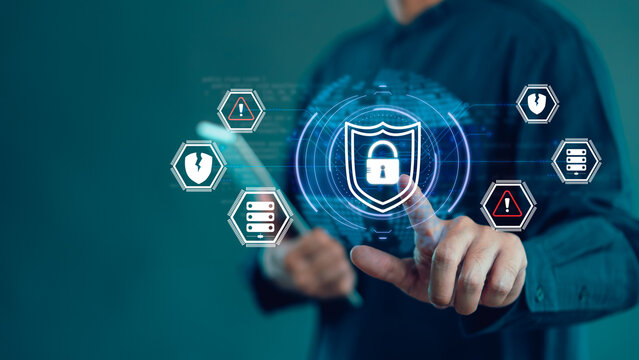 AI cybersecurity scene with warning indicators and a locked padlock on a digital interface, representing data protection, threat monitoring, and cyber-risk prevention - Powered by Adobe