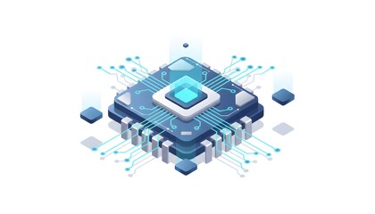 This blue electronic circuit board features a high-performance computer processor chip and hardware components integrated onto a digital motherboard isolated on a white background for advanced technol