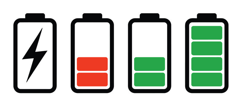 Charging battery icon collection illustrating low power, empty battery, and full charge levels, featuring clean vector signs isolated for user interface design,