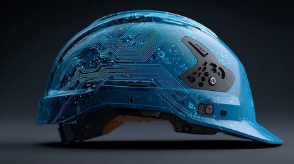 Modern construction helmet design overlaid with an illuminated circuit board pattern, futuristic aesthetic