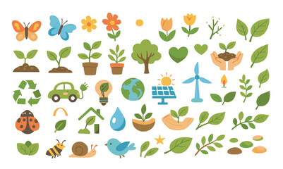 Eco friendly nature icon collection with flat organic elements, renewable green energy icons, sustainable growth plants and garden wildlife illustrations for environmental conservation design © Shahnaz