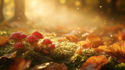 Enchanted forest floor close-up with cluster of small red-capped mushrooms emerging from emerald moss, golden autumn leaves scattered around, morning dew glistening on surfaces, ethereal mist