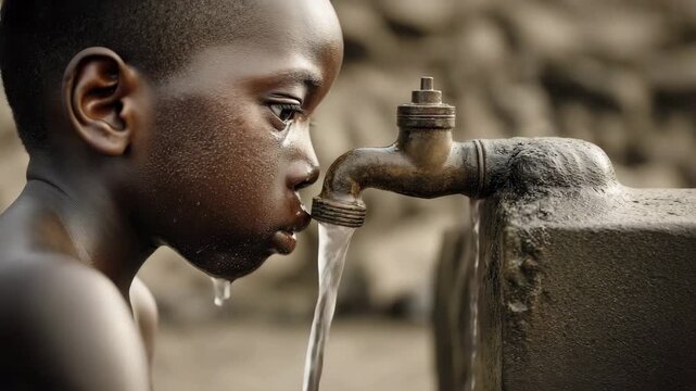 Thirst quenched: Intimate close-up of a young person drinking from a rusted faucet